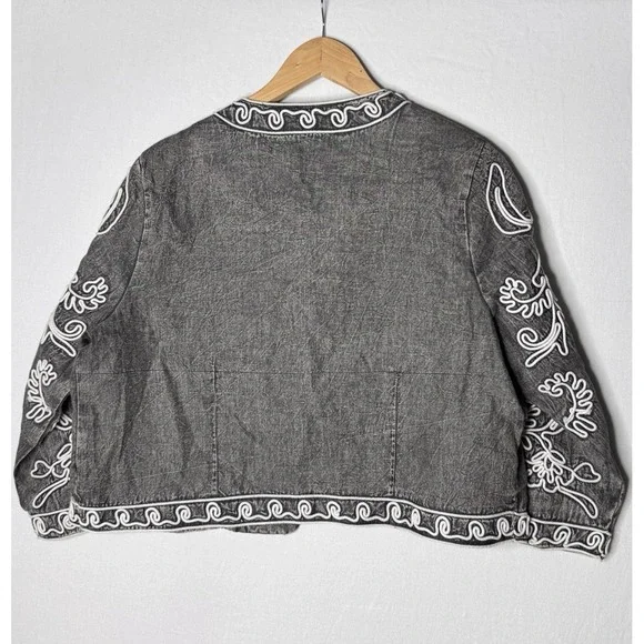 Soft Surroundings Wildwood Bolero Cropped Jacket Sz L Floral Embroidery Gray Wht - Picture 6 of 10